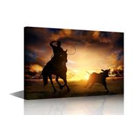 TISHIRON 1 Panels Canvas Print Art Set Cowboy Riding a Horse Roping a Calf Posters and Prints, Cowboy Artwork for Home Wall Decoration, Stretched Framed Gallery-Wrapped Ready to Hang, 18" Wx12 H