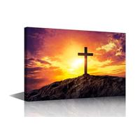 TISHIRON 1 Panels Canvas Print Art Set Silhouetted Christian Cross Silhouette on the Mountain at Sunset Posters and Prints for Home Office Hotel Wall Decoration, Framed Ready to Hang, 18" Wx12 H