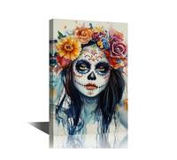 TISHIRON 1 Panels Colorful Skull Wall Decorations Day of the Dead Posters Home Decor Wall Skeleton Girl Wall Decor for Living Room Modern Artwork House Decorations Framed Ready to Hang (24" Wx36 H)