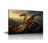 TISHIRON 1 Panels Dragon Framed Wall Art Golden Dragon Canvas Paintings Wall Decor for Bedroom Mythical Creatures Modern Artwork Giclee Wooden Framed Gallery-Wrapped Ready to Hang (12" Wx18 H)