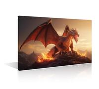 TISHIRON 1 Panels Dragon Wall Art Fire Dragon Wall Pictures Red Giant Dragon Breathing Fire on Dark Wall Art for Living Room Giclee Wooden Framed Gallery-Wrapped Ready to Hang 24" Wx36 H