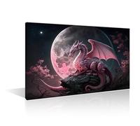 TISHIRON 1 Panels Pink Dragon Wall Painting Dragon in the Moonlight Prints for Wall Decor Colorful Dragon Art Prints Giclee Wooden Framed Gallery-Wrapped Ready to Hang 12" Wx18 H