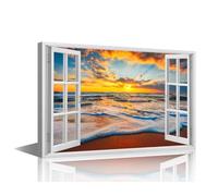 TISHIRON 1 Piece Beach Wall Art Canvas 3D Window Effect Pictures Sea Waves Painting for Bedroom Wall Art for Living Room Contemporary Modern Home Decor Office Posters Framed - 24x16in