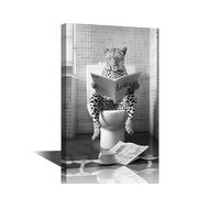 TISHIRON 1 Piece Black and White Canvas Wall Art Leopard Sit on the Toilet Wall Painting Artwork Pictures Animal Home Decorations for Living Room and Bathroom Framed Ready to Hang (16''Wx 24''H)