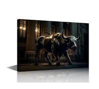 TISHIRON 1 Piece Bronze Bull Canvas Wall Art Statue of a Bull Posters & Prints Artwork Contemporary Home Decor Market Concept Framed for Living Room Bedroom Home Office Decor, 24x16in