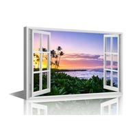 TISHIRON 1 Piece Canvas Prints Beach 3D Fake Windows Wall Art Modern Home Decor Seascape Landscape Poster Living Room Bedroom Decoration Artwork Painting Framed Ready to Hang, 18x12in