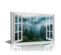 TISHIRON 1 Piece Canvas Prints Foggy Forest Wall Art 3D Window View Modern Home Decor Nature Landscape Poster Living Room Bedroom Artwork Painting Framed Ready to Hang, 18x12in