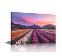 TISHIRON 1 Piece Canvas Wall Art Colorful Tulip Fields Pictures for Bedroom Living Room Rosy Clouds in The Sky Wall Decor for Home Walls Framed Ready to Hang Poster and Prints 36" Wx24 H