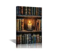 TISHIRON 1 Piece Canvas Wall Art Print Antique Book Wall Art for Bedroom Candlelit Wall Decor Paintings Vintage Bookshelf Modern Giclee Artwork for Office Home Decor Ready to Hang, 18x12in
