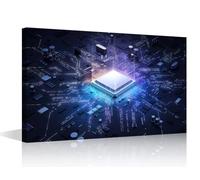 TISHIRON 1 Piece Canvas Wall Art Print Glowing CPU Wall Art for Bedroom Futuristic CPU Wall Decor Art Paintings Computer Chip Modern Giclee Artwork for Office Home Decor Ready to Hang, 18x12in
