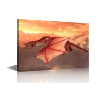 TISHIRON 1 Piece Canvas Wall Art Red Flying Dragon with Big Wings Picture Photo on Canvas Art for Home Living Room Bedroom Wall Decor Stretched and Framed Ready to Hang 60 x 90 CM