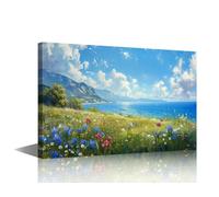 TISHIRON 1 Piece Coast Flower Wall Pictures for Living Room Coastal Meadow with Wildflowers and Seaview Painting on Canvas Wall Decor Art Modern Artwork Framed Ready to Hang 24" Wx36 H