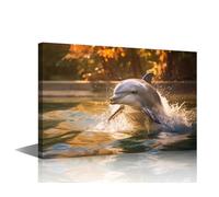 TISHIRON 1 Piece Dolphin Canvas Wall Art Sunset Scenery Printing Artwork for Living Room Bedroom Kitchen Wall Decor, Dolphins Jumping Over The Water Children's Day Gifts (16" Wx24 H)