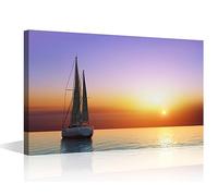 TISHIRON 1 Piece Sailing Boat in the Sea Wall Art Yacht Pictures Print On Canvas Seascape Skyline Modern Artwork Wall Art for Living Room Office Giclee Gallery Wrapped Posters Framed, 24x16in