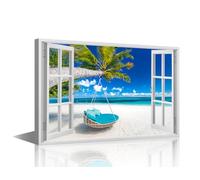 TISHIRON 1 Piece Seascape Wall Art for Home Wall Decor 3D Window View Canvas Wall Art, Ocean Posters Prints Islands Pictures for Home Decoration Living Room, 36x24in