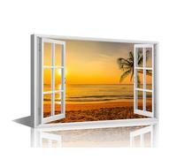 TISHIRON 1 Piece Seaside 3D Window View Wall Pictures for Living Room Beach at Sunset Painting on Canvas Wall Decor Art Ocean Bedroom Art Modern Artwork Framed Ready to Hang, 36x24in