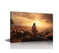 TISHIRON 1 Piece Shepherd Modern Home Decor Canvas Wall Art for Bedroom, Jesus Christ Posters and Prints, Sheep Painting Picture Office Wall Decor Framed Ready to Hang(24" Wx36 H)