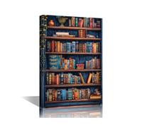 TISHIRON 1 Piece Vintage Bookshelf Wall Art Canvas Antique Book Pictures Library Wall Painting for Bedroom Living Room Contemporary Modern Home Decor Office Posters Framed - 24x16in