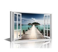 TISHIRON 1 Piece Wall Art Decor Painting on Canvas Seascape 3D Fake Windows Pictures for Home Walls Nature Landscape Office Wall Art Framed Modern Artwork for Living Room Bedroom, 24x16in