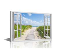 TISHIRON 1 Piece Wall Art for Living Room Large Size Coastal 3D Window Effect Office Wall Decor Seaside Canvas Prints Seascape Modern Artwork for Bedroom Bathroom Framed Ready to Hang, 36x24in