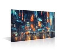 TISHIRON 1 Piece Wall Decor Cyberpunk City Colorful Futuristic Artwork Canvas Paintings for Bedroom, Bathroom, Office. Streets of Cyberpunk Wall Art Framed Ready to Hang (16" Wx24 H)