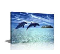TISHIRON 1 Piece Wall Pictures for Living Room Ocean Animals Seascape Painting on Canvas Ocean Theme Wall Decor Art Jumping Dolphin Bedroom Wall Art Modern Artwork Framed Ready to Hang, 36x24in