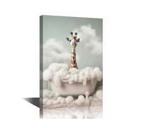TISHIRON 1 Pieces Bathtub Animal Giraffe Pictures Home Decor Giraffe Bathing in the Bathtub Bathroom Wall Art Modern Home Decor Posters & Prints Stretched and Framed Ready to Hang (16" Wx24 H)