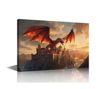 TISHIRON 1 Pieces Dragon Home Decor Wall Fire-Breathing Dragon Canvas Art Wall Decor Castle Living Room Wall Decor Posters and Prints Giclee Wooden Framed Gallery-Wrapped Ready to Hang (16" Wx24 H)