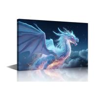 TISHIRON 1 Pieces Dragon Wall Art White Dragon Pictures Wall Art Decor Mythical Creatures Living Room Wall Decor Modern Artwork House Decorations Stretched and Framed Ready to Hang (24" Wx36 H)