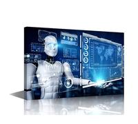 TISHIRON 1 Pieces Wall Art Decorations Artificial Intelligence Humanoid Robot Handheld Virtual Holographic Screen Picture for Home Office Decor AI Robotics Decor Artwork Ready to Hang (16" Wx24 H)