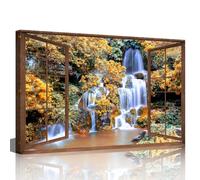 TISHIRON 3D Open Wooden Window Wall Art Canvas Waterfall View Print Paintings Framed Home Decor Paintings to Hang on Walls for Living Room Bathroom Ready to Hang 24x36inch