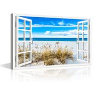 TISHIRON 3D Window Effect Beach Canvas Wall Art for Home Decor Artwork Sea Sandy White Beach Landscape Painting on Canvas for Living Room Framed Ready to Hang 36x24inch