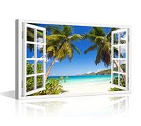 TISHIRON 3D Window Effect Canvas Art Wall Framed Modern Home Decor Beach Coconut Tree View Pictures for Home Living Room Dining Room Wall Decor Posters Prints Ready to Hang - 36" W x 24" H