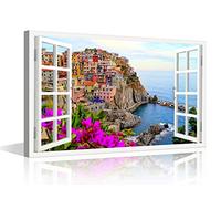TISHIRON 3D Window Effect Canvas Wall Art Italy Town Rio Maggiore Cinque Terre Painting Framed Canvas Paintings Ready to Hang for Bathroom Living Room Bedroom Home Decorations 16x24inch