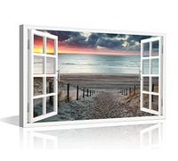 TISHIRON 3D Window Effect Coastal Picture Artwork Beach Seascape Canvas Wall Art with Wooden Pathway to Ocean for Bedroom Wall Decor Stretched and Framed Ready to Hang 12x18inch