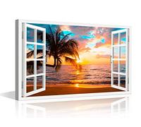 TISHIRON 3D Window Effect Coconut Palm Trees Beach Sunset Canvas Wall Art Painting for Bedroom Living Room Modern Framed Artworks Decorative Bathroom Kitchen Home Decor 36x24 inch