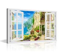 TISHIRON 3D Window Landscape Nature Painting Canvas Wall Art Vintage Print Wall Decor for Home Living Room Bedroon Bathroon Decor Framed Ready to Hang 36x24inch