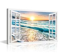 TISHIRON 3D Window View Canvas Wall Art Blue Ocean Wall Decor White Beach Modern Family Wall Decor Hang Pictures for Living Room Bedroom Office Posters Prints Framed Ready to Hang - 12" W x 18" H