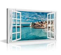 TISHIRON 3D Window View of Seaside City and Flying Birds with Curtains Canvas Wall Art Prints for Living Room Bedroom Decor Office Kitchen Home Decoration Framed 24x36inch