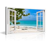 TISHIRON 3D Window View Seaside Effect Canvas Wall Art Prints for Living Room Bedroom Decor Office Kitchen Home Decoration Framed Ready to Hang 24x36inch