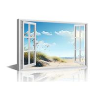 TISHIRON 3D Window View Wall Art Canvas Beach Pictures Coastal Wall Painting for Bedroom Wall Art for Living Room Contemporary Modern Home Decor Office Posters Framed Wall Art - 24x16in