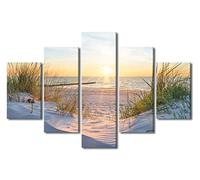 TISHIRON 5 Piece Sandy Beach Seascape Canvas Wall Art Sunset at the Baltic Sea Artwork with Weeds Ocean Nature Landscape for Bedroom Wall Decor for Living Room Hang Pictures Wall Artwork(60" Wx40 H)