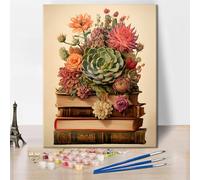 TISHIRON A Succulent on a Book- Paint by Numbers for Adults Beginner, Vintage Plant Adult Paint by Number Kits, Abstract Canvas Painting Kits for Men Women,Home Library Wall Decor 16x20in Frameless