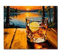 TISHIRON Adult Paint by Number Kits for Beginner, Paint by Numbers Kit for Adults - Whiskey Glass with Serene Lake Sunset Landscape, DIY Art for Home Decor & Relaxation(16x20 Inch)
