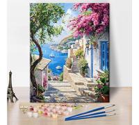 TISHIRON Adult Paint by Number Kits - Stunning Aegean Sea Coastal Village, Charming Street in Town with Whitewashed Houses Painting by Numbers Kit for Adults, 16x20 Inch