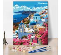 TISHIRON Adult Paint by Numbers Santorini Landscape Painting Kit Modern DIY Coastal City Painting European Landscape Artwork Wall Decoration 16 x 20 Inches