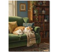 TISHIRON Adults Paint by Numbers Kit Cozy Sleeping Cat on Green Couch Paint by Numbers for Beginners Relaxing Home Interior Scene with Bookshelf DIY Canvas Art Acrylic Paints and Brushes 16x20 Inch