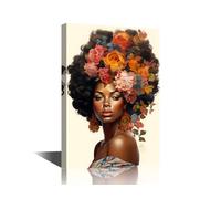TISHIRON African American Woman with Flowers in Her Hair Canvas Wall Art Afro Girl Painting Wall Decorations for Living Room Fashion Portrait Picture for Bedroom Wall Decor Artwork 16" Wx24 Hx1 Panel