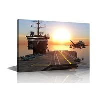 TISHIRON Aircraft Carrier Canvas Wall Art for Bedroom Living Room Aircraft Taking Off at Sunset Modern Home Decor Painting Pictures Office Wall Decor Contemporary Artwork Frame Ready to Hang, 24x16in