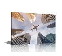 TISHIRON Aircraft Traveling over City Canvas Paintings Wall Art for Living Room Airplane Wall Decor Aviation Decor Wall Decorations Artwork with Wooden Frame Ready to Hang 12" Wx18 H 1 Panel